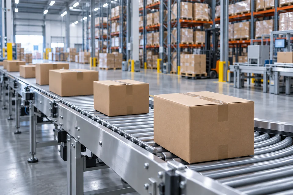 Warehouse conveyor transporting boxes