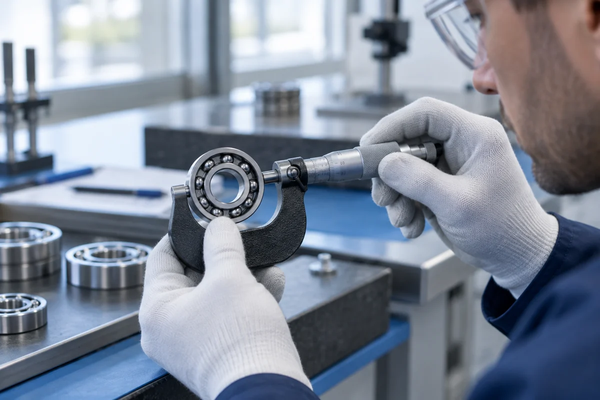 Exclusive photograph of a precision bearing being measured with a micrometer